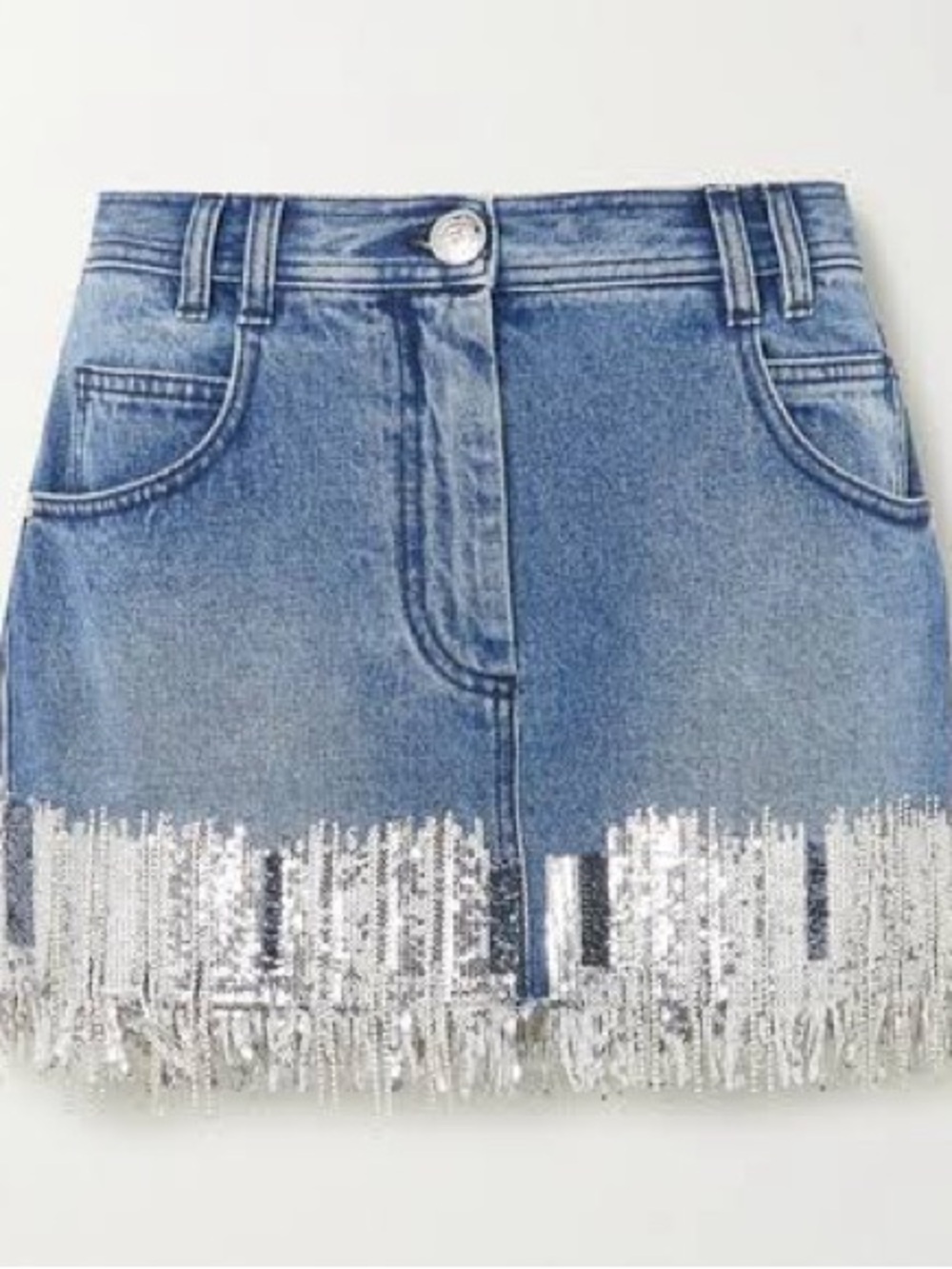 Balmain Blue Denim Mini Skirt with Silver Sequin Fringe
